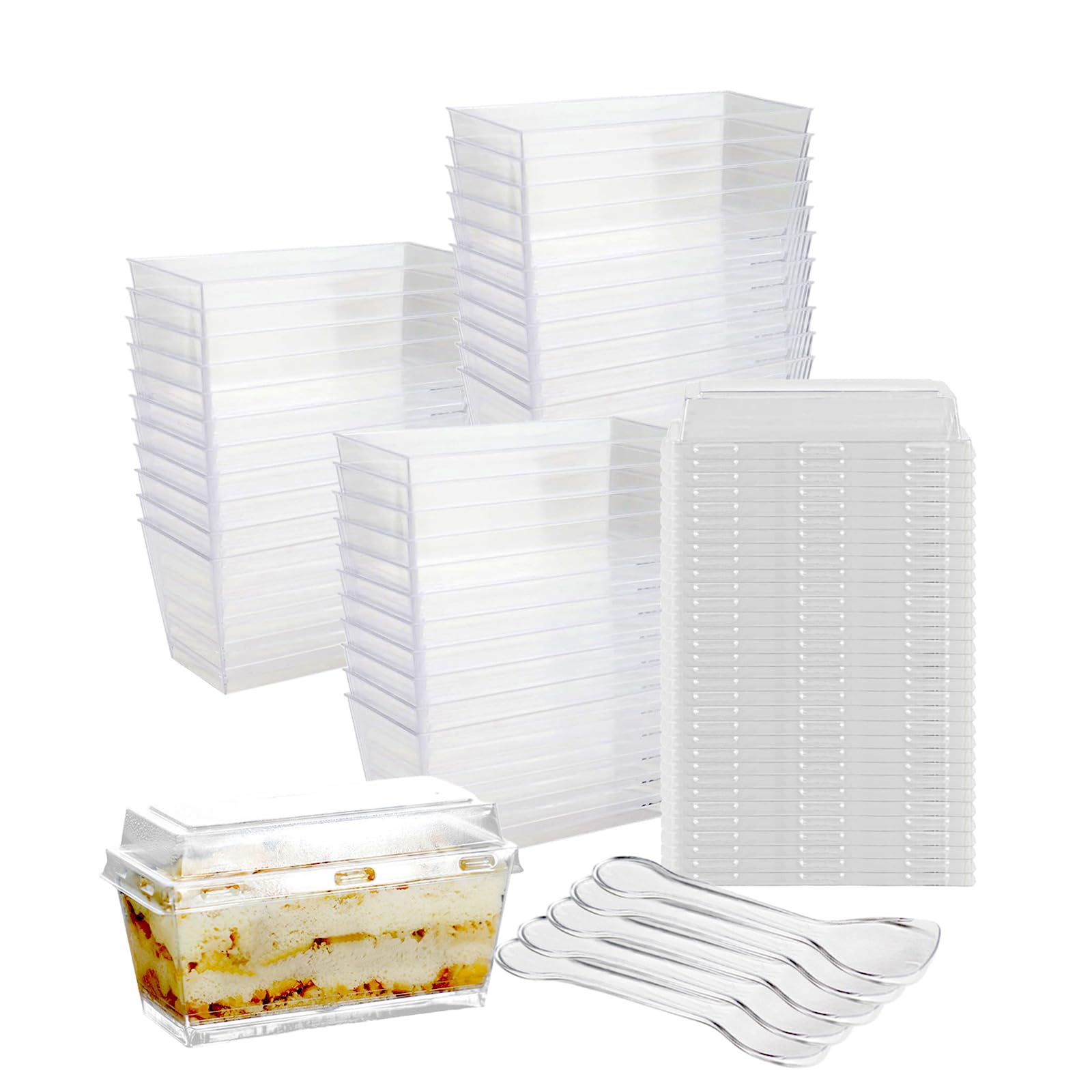 Hniuyun 50Pcs Dessert Cups with Lids and Spoons, 160ml Mini PP Rectangle Dessert Pots, Clear Serving Bowl for Moussees Puddings Desserts Party