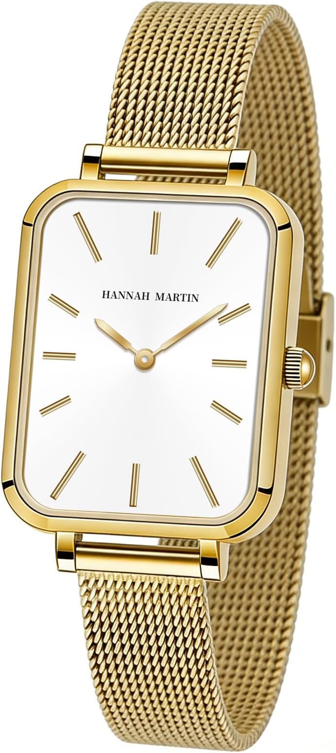 Gold Watches for Women, Luxury Vintage Rectangular Case Dress Watch Analog Quartz Stainless Steel Bracelet 3ATM Water Resistant with Wristband Adjustment Tool