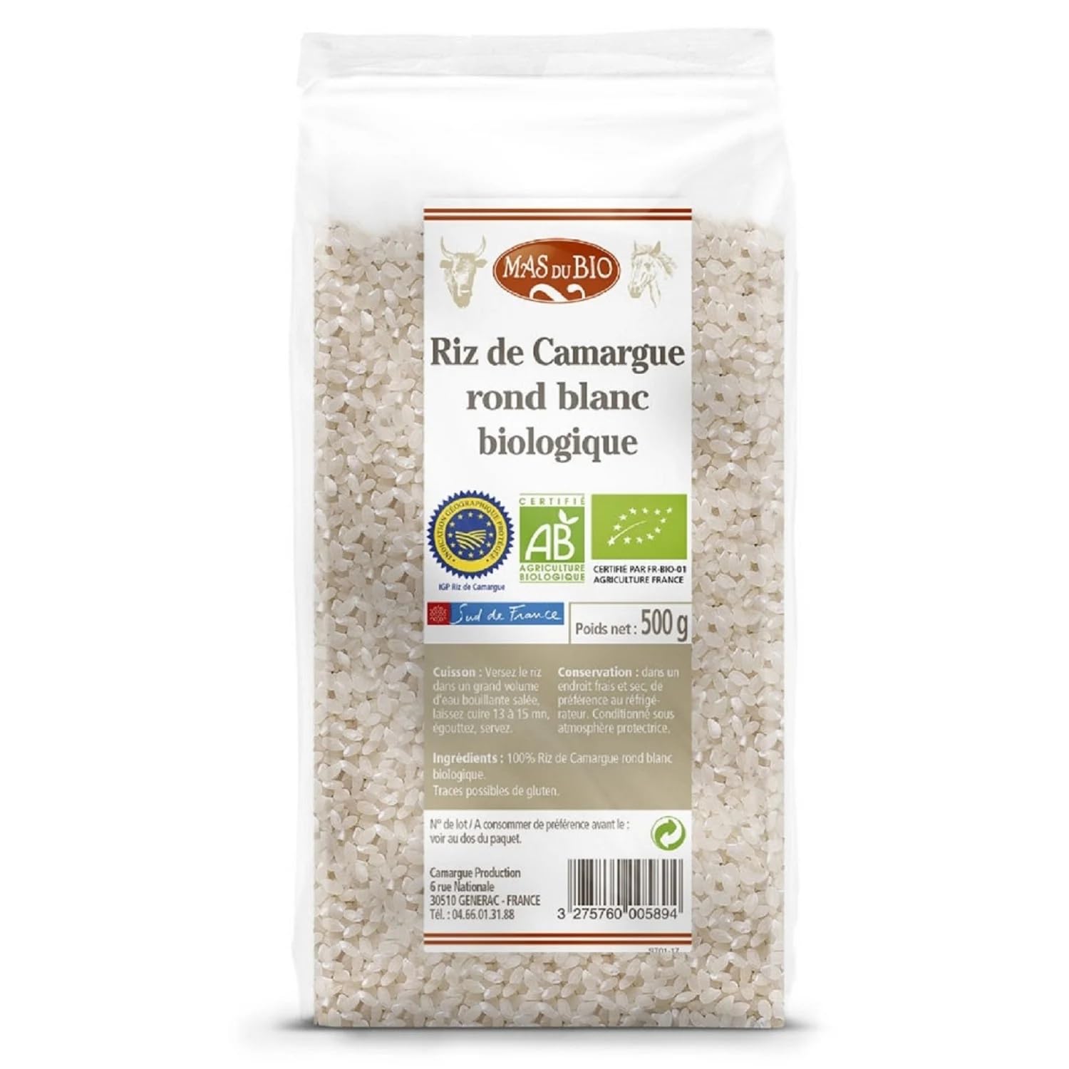 MAS DU BIO - Riz de Camargue Rond Blanc Bio - IGP Camargue, Fabriqué en France- Sans sucres ajoutés - le sachet de 500g - Le Lot De 4