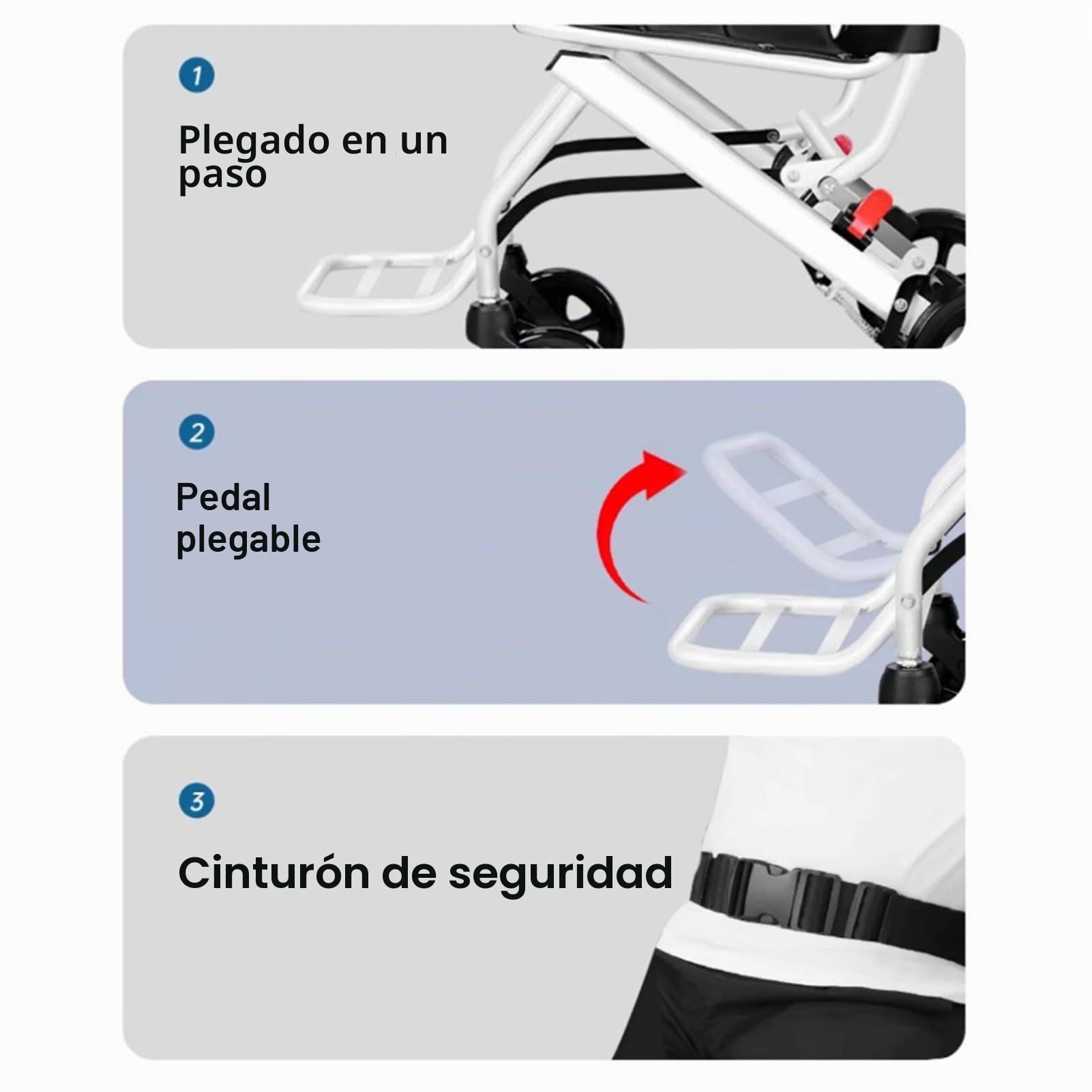 Silla de ruedas plegable, silla de ruedas portátil ligera con reposabrazos abatibles de 270° y reposapiés extraíble, silla de viaje ergonómica con correa de seguridad ajustable para adultos y