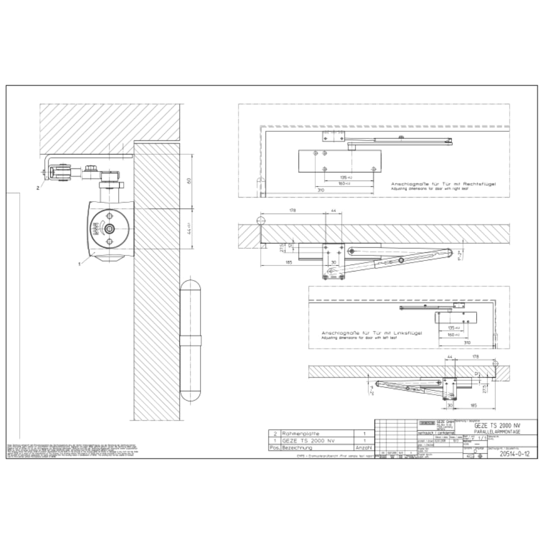 Geze Türschließer TS 2000 NV BC silber mit Normalgestänge und Montageplatte für einflügelige Türen bis 1100 mm Flügelbreite, Schließkraft stufenlos und Endschlag über Ventil einstellbar- 22,6x5,1x6cm