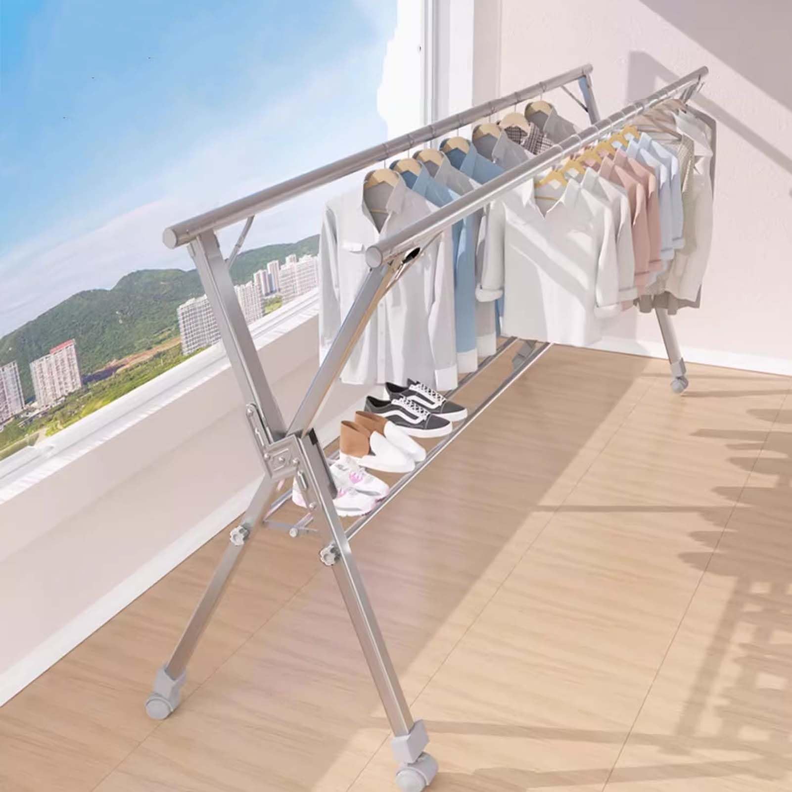 EYRMQWJPC Foldable Clothes Airer， Clothes Drying Rack Foldable Stainless Steel Indoor Outdoor Storage 63-95 Inches(1.6m/63in)