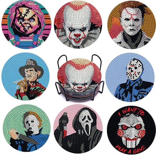 8 PCS Halloween Diamond Art Coasters Kits, Diamond Painting Coasters with Holder Set of 8, DIY Drink Coasters Art Crafts Supplies for Adults Cup Mat for Home Decor House Warming Gifts Non-Slip