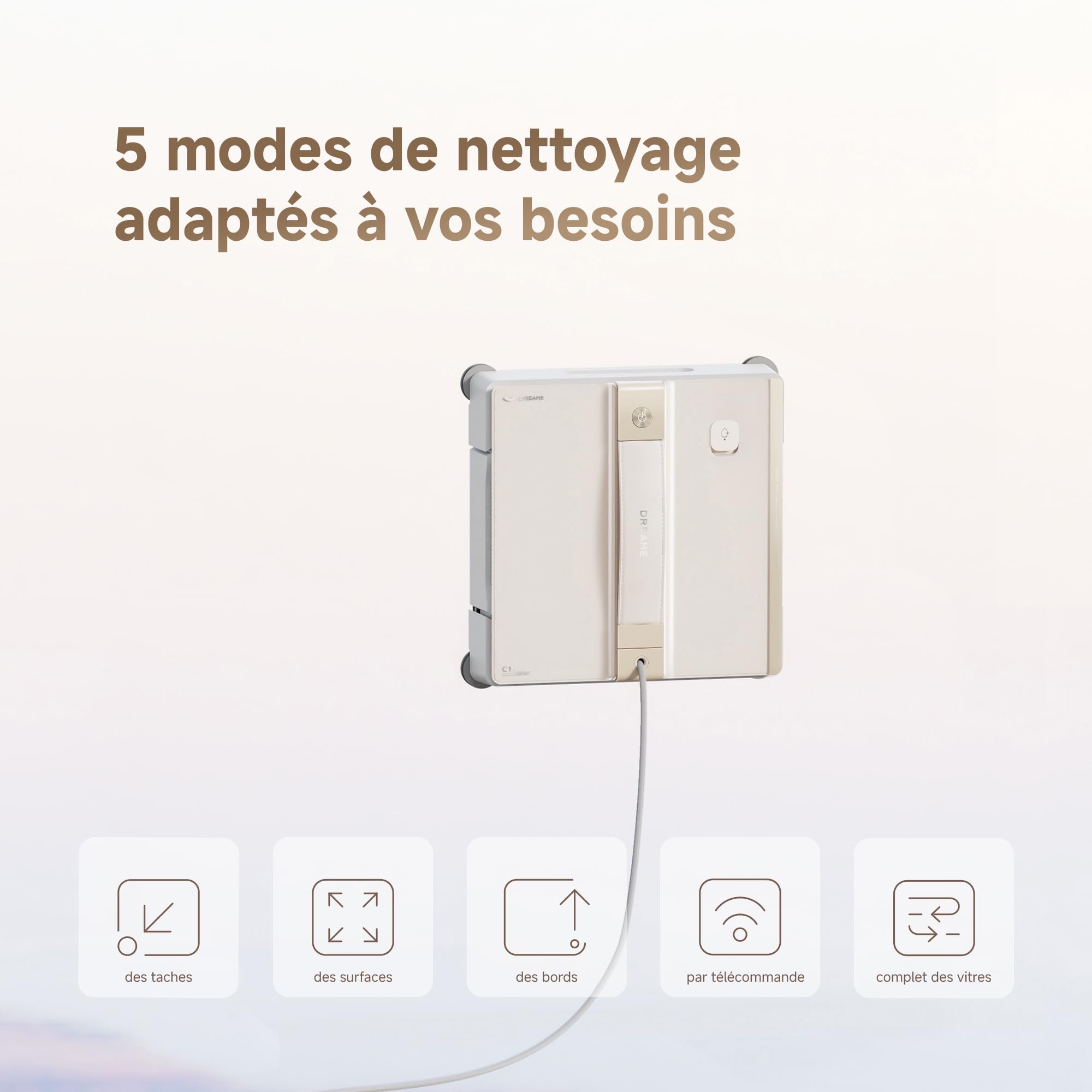 dreame C1 Robot Laveur de Vitres, Puissance d'Aspiration de 5 500 Pa, Protection et Sécurité Fiables, Technologie CornerClean, Nettoyage Humide Minutieux, Technologie à Double Jet