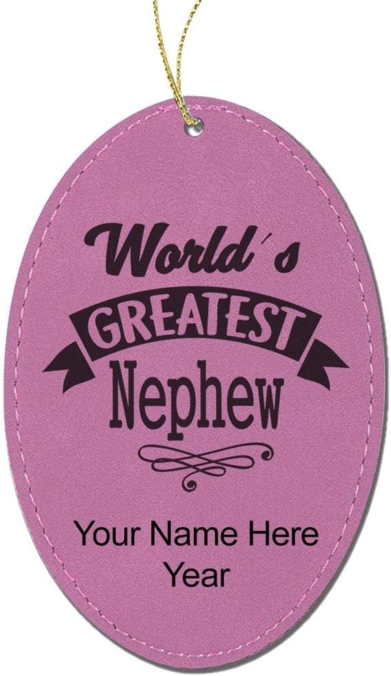 LaserGram Personalized Christmas Ornament, World's Greatest Nephew, Faux Leather, Custom Laser Engraved Gift Idea (Oval Shape, Black with Silver)