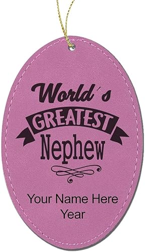 LaserGram Personalized Christmas Ornament, World's Greatest Nephew, Faux Leather, Custom Laser Engraved Gift Idea (Oval Shape, Pink)