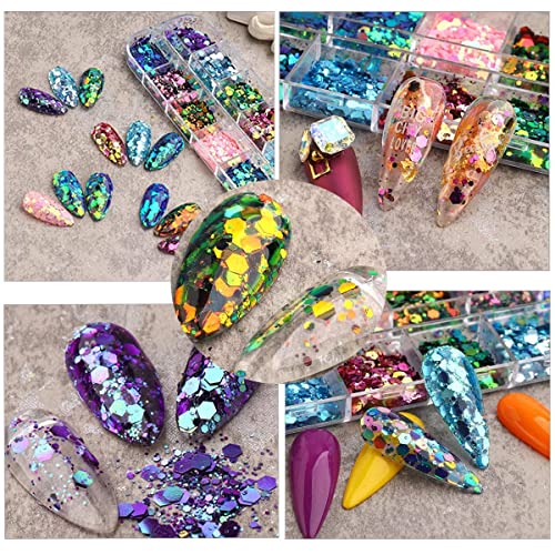 12 Colors Hexagon Chunky Nail Glitters Holographic Nail Stickers Sequins Glitter Mermaid Powder Flakes Shiny Charms Hexagon Nail Designs Suitable For Women Girls Acrylic Nails Decoration Crafts #TOP5