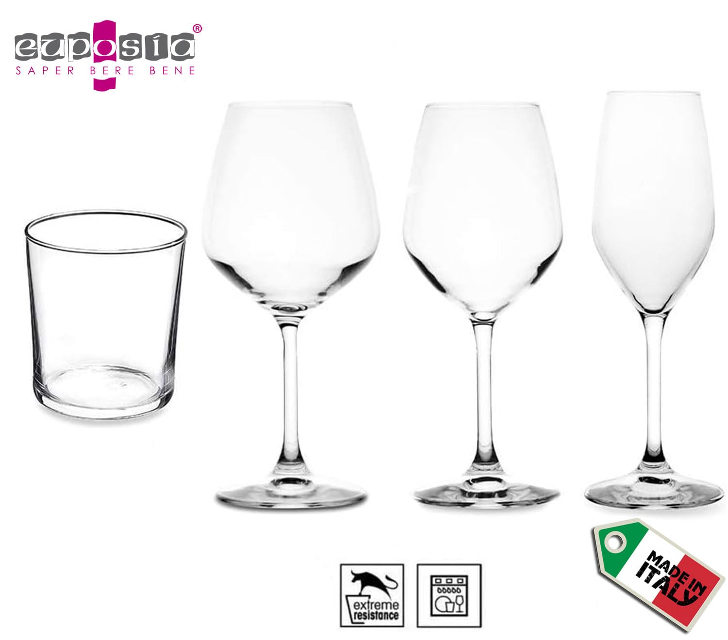 Service x6 personnes, lot de 24 pièces : 6 vin blanc divin 44 cl + 6 vin rouge divin 53 cl + 6 flûtes champagne et prosecco divino 24 cl + 6 verres eau bodega 37 cl