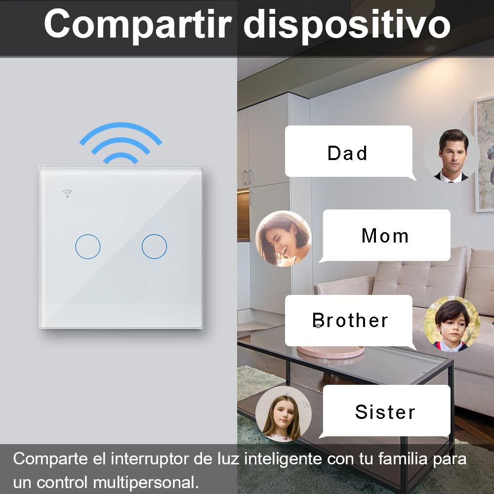KETOTEK Interruptor Tactil WIFI Inteligente 2 Gang 1 Via Compatible con Alexa, Interruptor Luz Pared Smart Life Tuya App Control Blanco