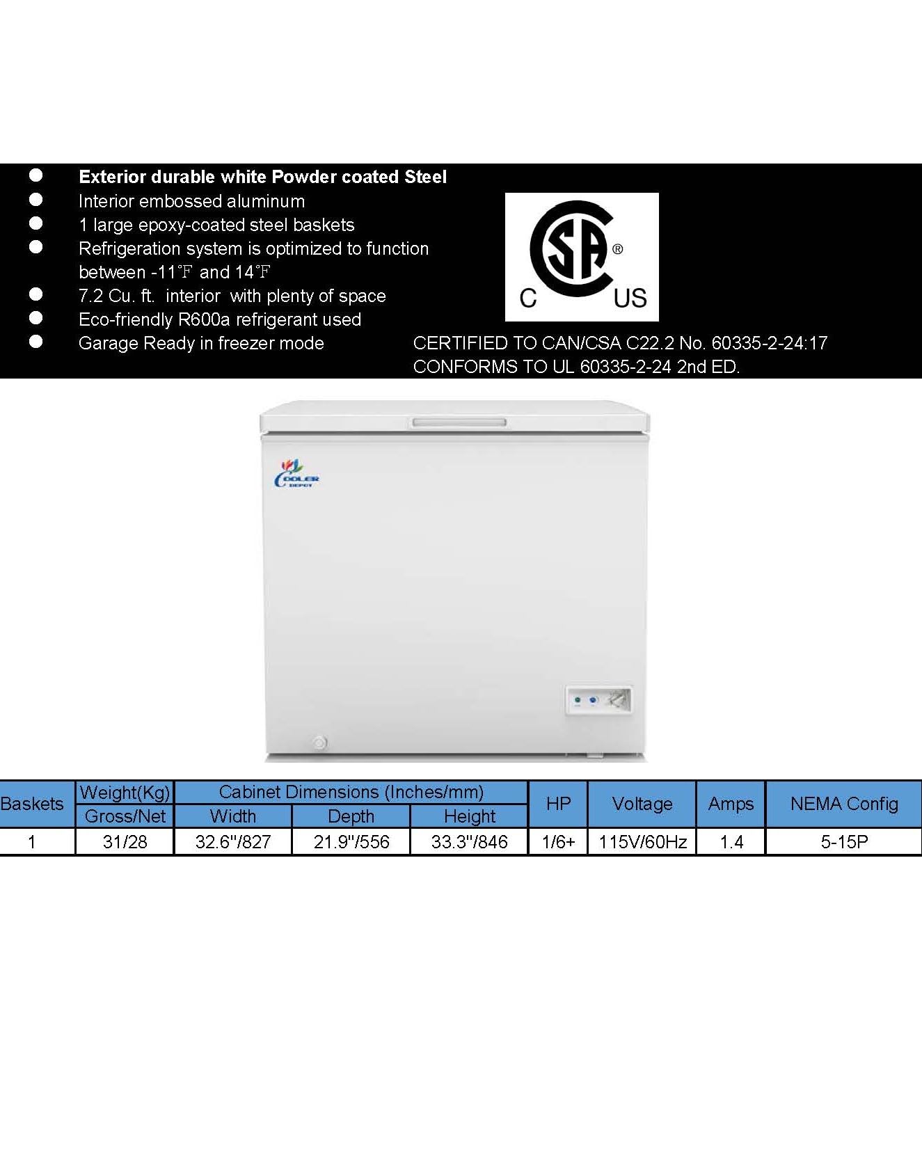 Commercial Chest Freezer, ETL All-Purpose Compact Deep Freezer Solid Top, 32.6" W 7 cu. ft. Solid Lockable Top Lid w/Storage Baskets, Ice Cream, White on Fridge.com