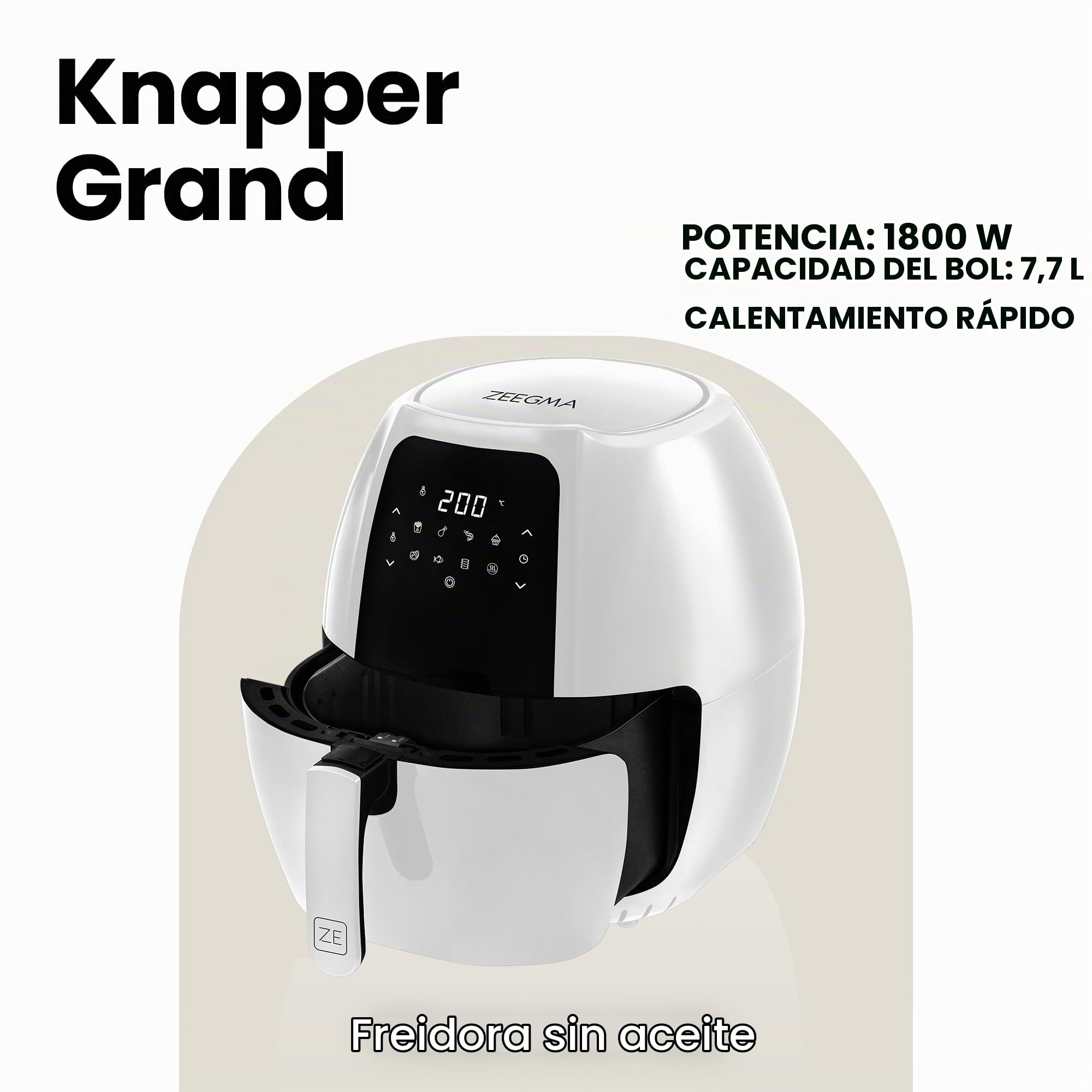 ZEEGMA Knapper Grand freidora sin aceite, freidora de aire 1800W, temperatura 60-200 °C, tiempo de calentamiento 60s, cesta capacidad 6L, revestimiento de teflón, 9 programas, apta para lavavajillas