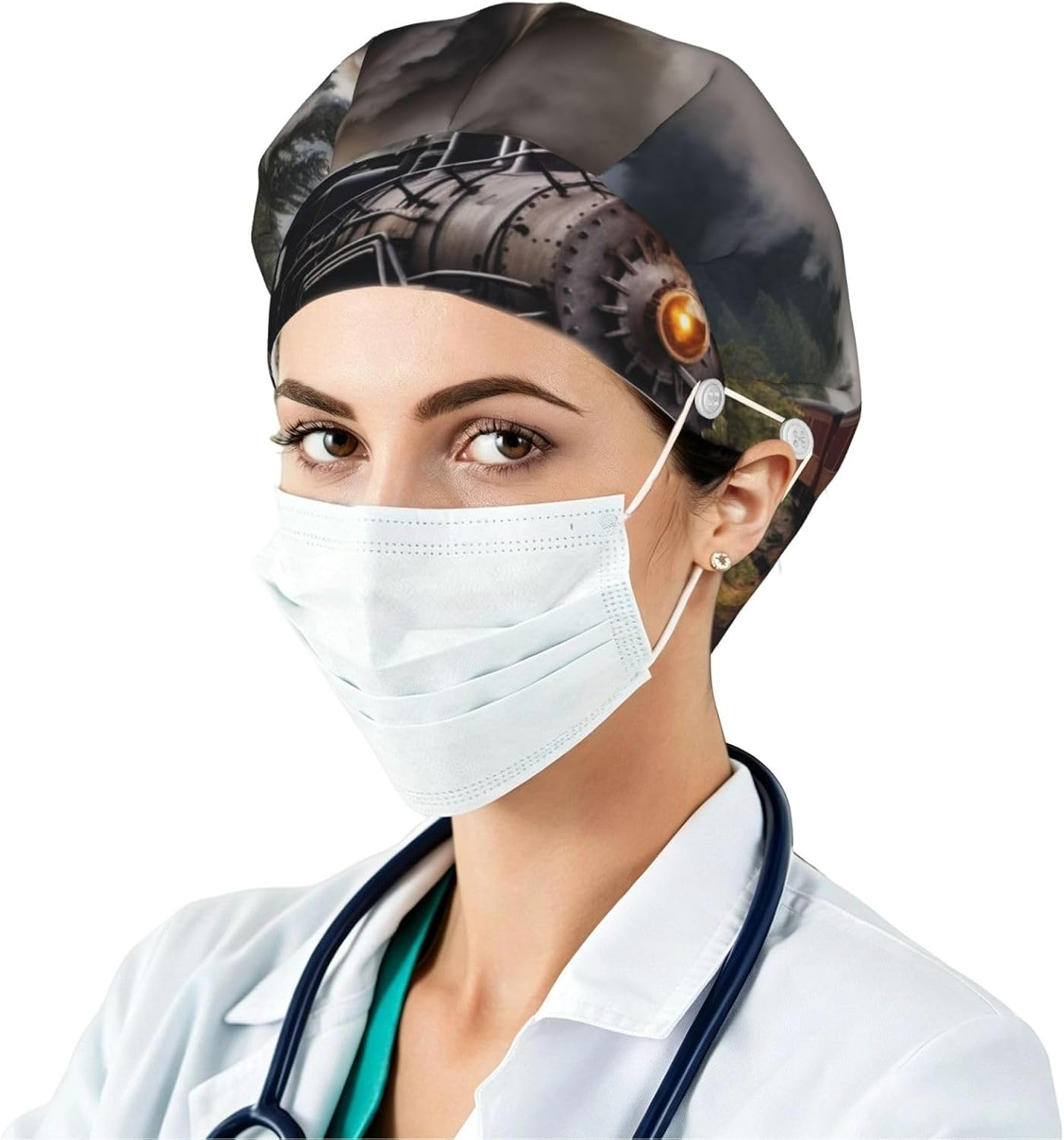 Steam Train Bouffant Cap with Buttons, Sweatband Cap Black