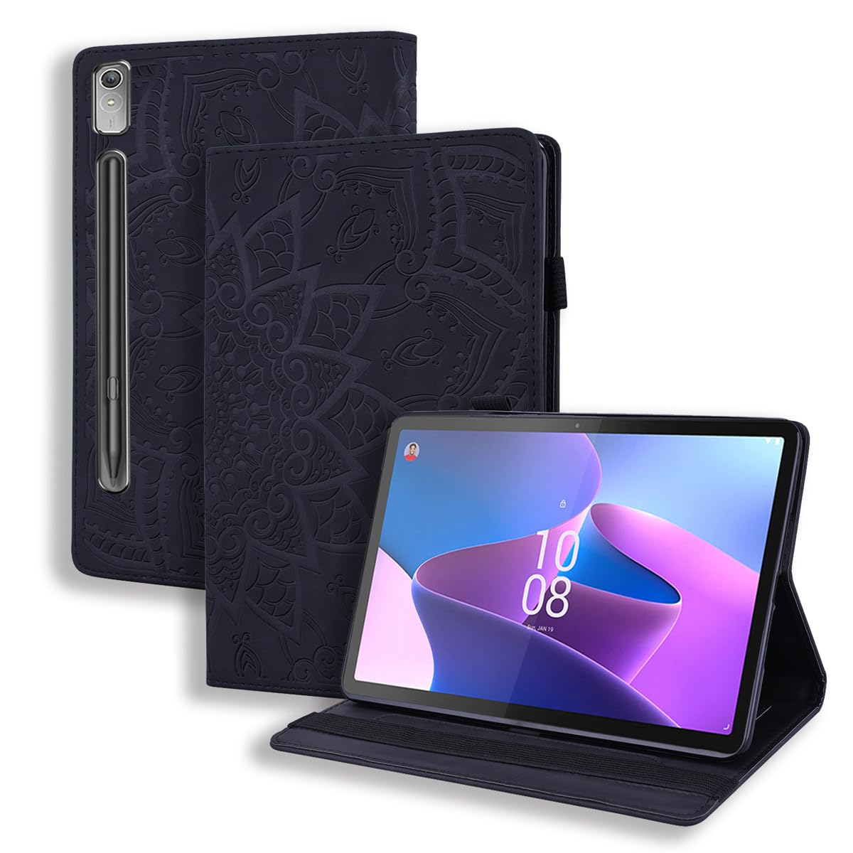 LMFULM® Case for Lenovo Tab P12 (12.7 Inch) PU Leather Case Mandala Embossing Protective Shell Smart Case Stand Case Flip Cover Black