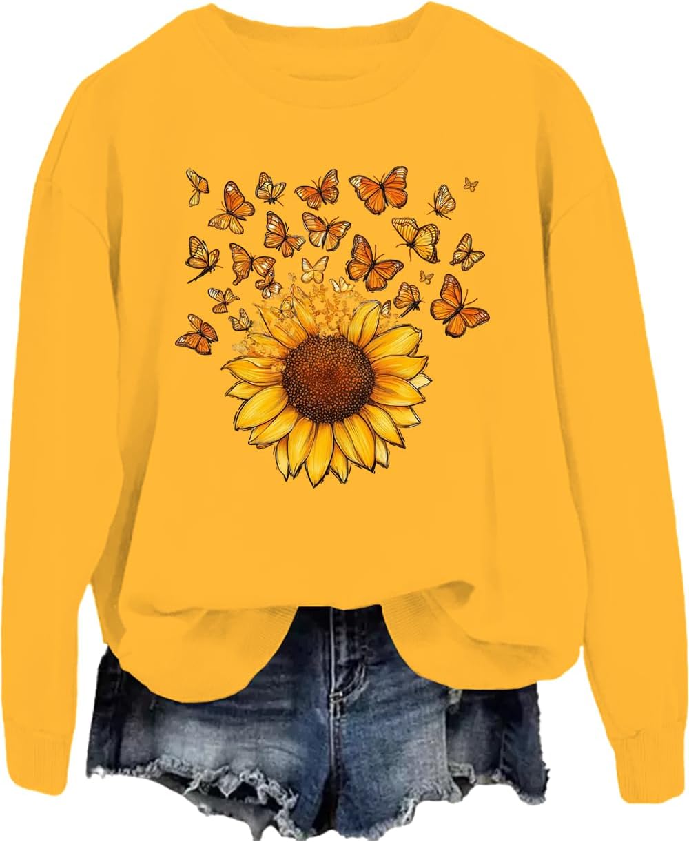 DarkJoy Womens Sunflower Sweatshirts Graphic Hoodie for Women Sunflower And Butterfly Shirt Long Sleeve