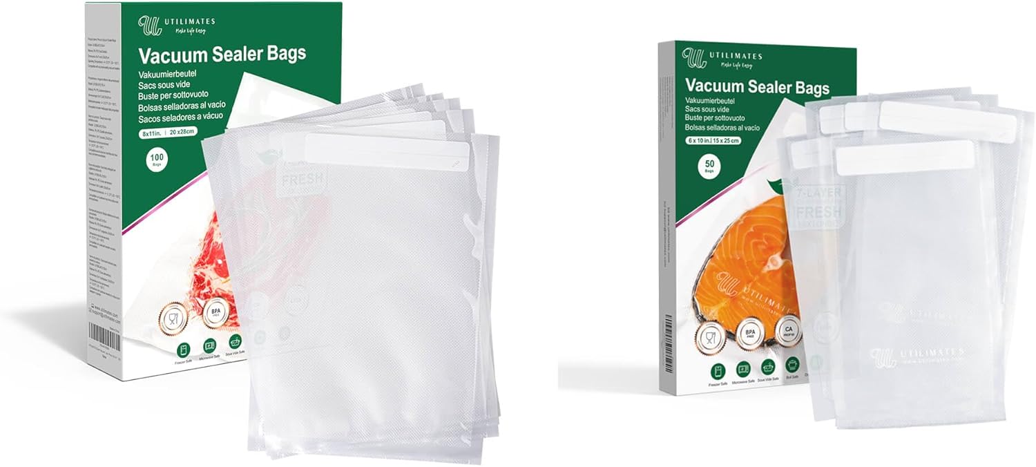 Vacuum Sealer Bags for Food Bundle, Quart 8x11 in 100 and Pint 6x10 in 50 Bags for Food Saver, Freezer, Seal a Meal, Sous Vide, Meal Prep, BPA Free Heavy Duty, Preprinted Labeling Area