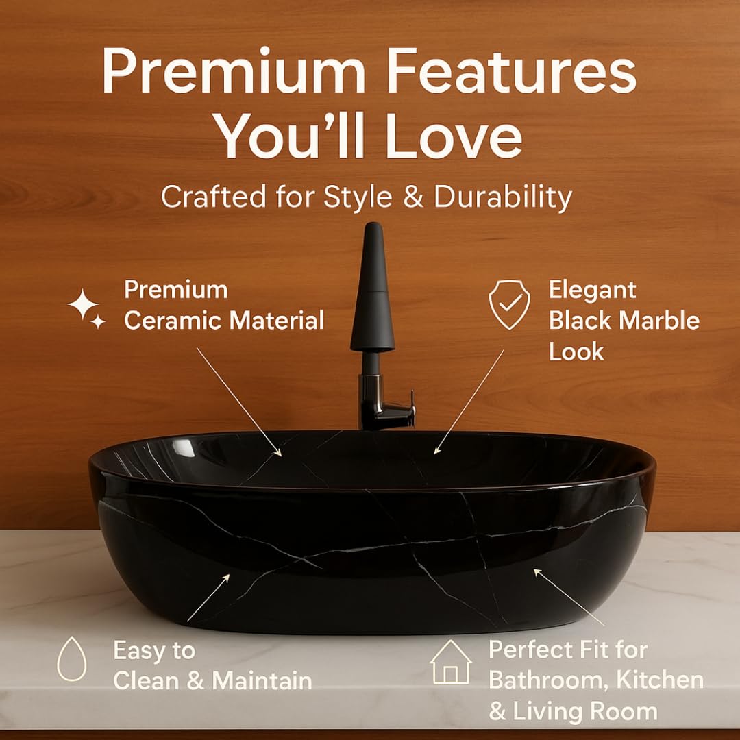 HISRE Table Top Wash Basin For Bathroom | Over Counter Top Wash Basin For Living Room | Washbasin Countertop | Tabletop Ceramic Bathroom Kitchen Sink (45 x 33 x 13 CM) (White - SKTHI10025), photo 4 of 5
