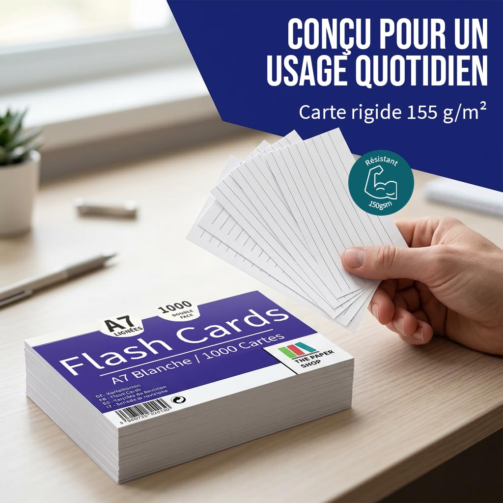 The Paper Shop Fiches Bristol A7 Lignées Blanches | 1000 Fiches de Révision 127 × 76 mm (5 × 3) | Flashcards Index Cards pour École Études Apprentissage Organisation Notes