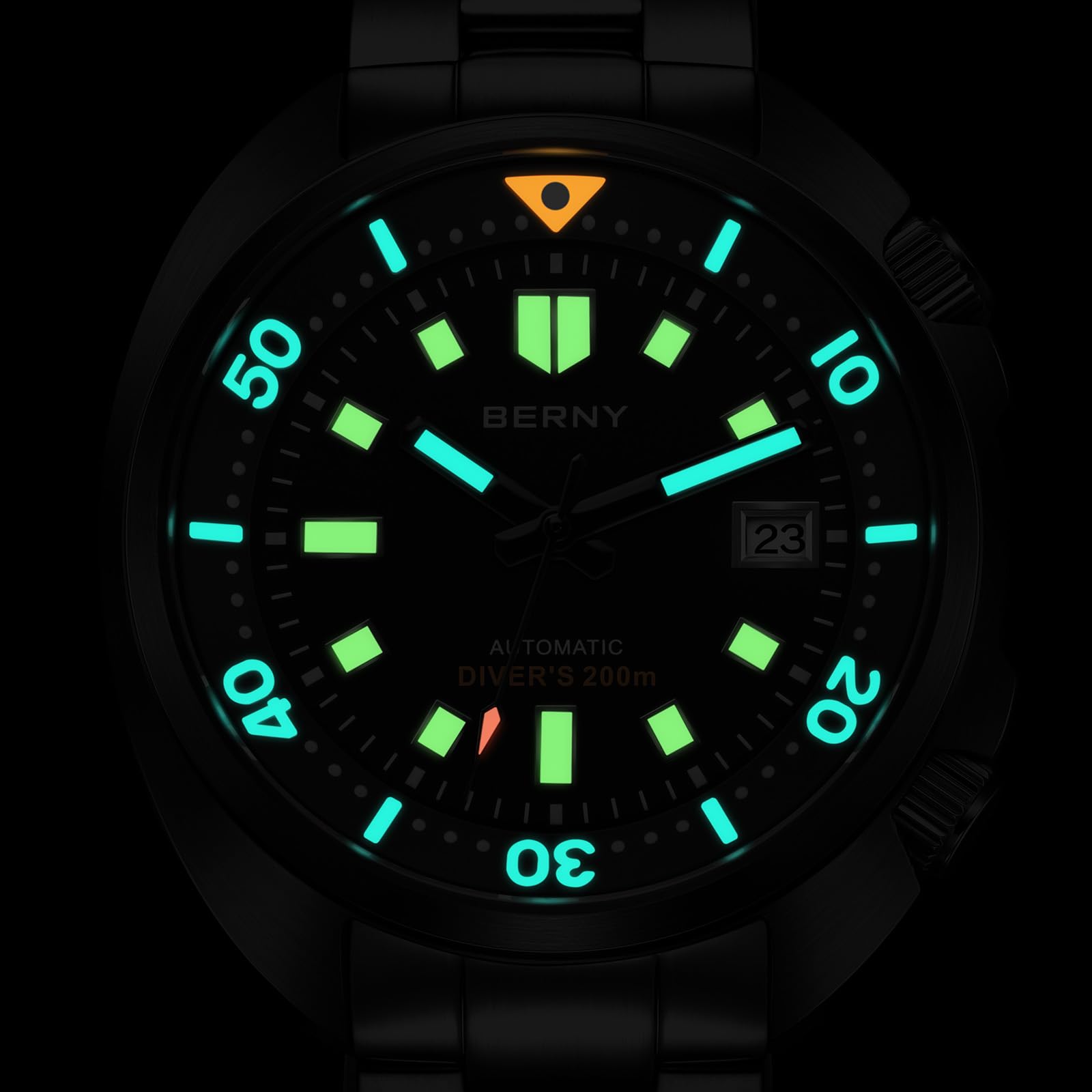 BERNY Reloj Automático Hombre Reloj De Buceo Todo Negro 200M Resistente Al Agua Reloj Analógico Mecánico De Pulsera Masculino con Fecha Super Luminosa Correa De Fluoroelastómero