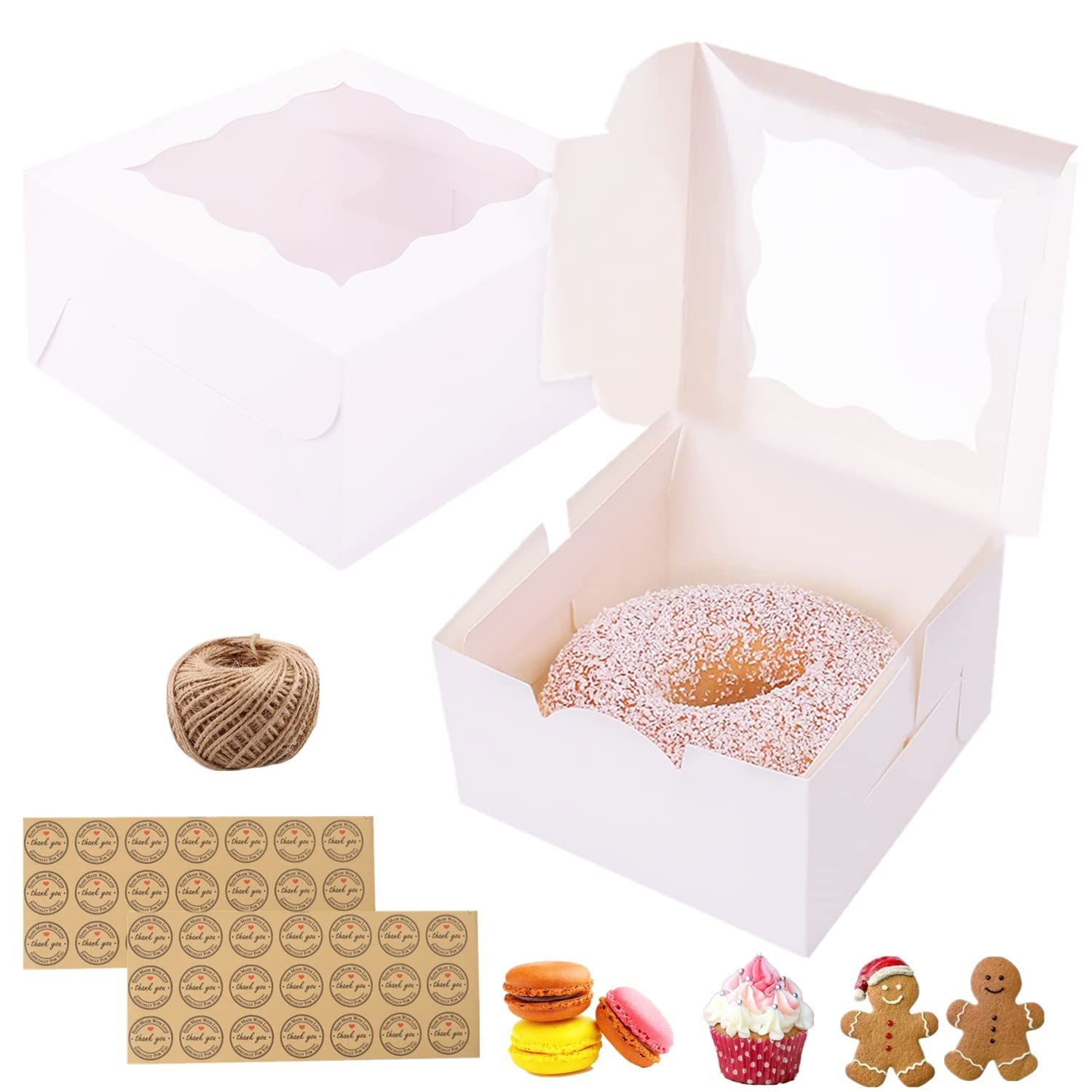 Moretoes 30 Scatole Regalo Per Torte E Biscotti Con Finestra, 15x15x7,5 Cm, In Cartone Bianco Con Adesivi Kraft Per Feste