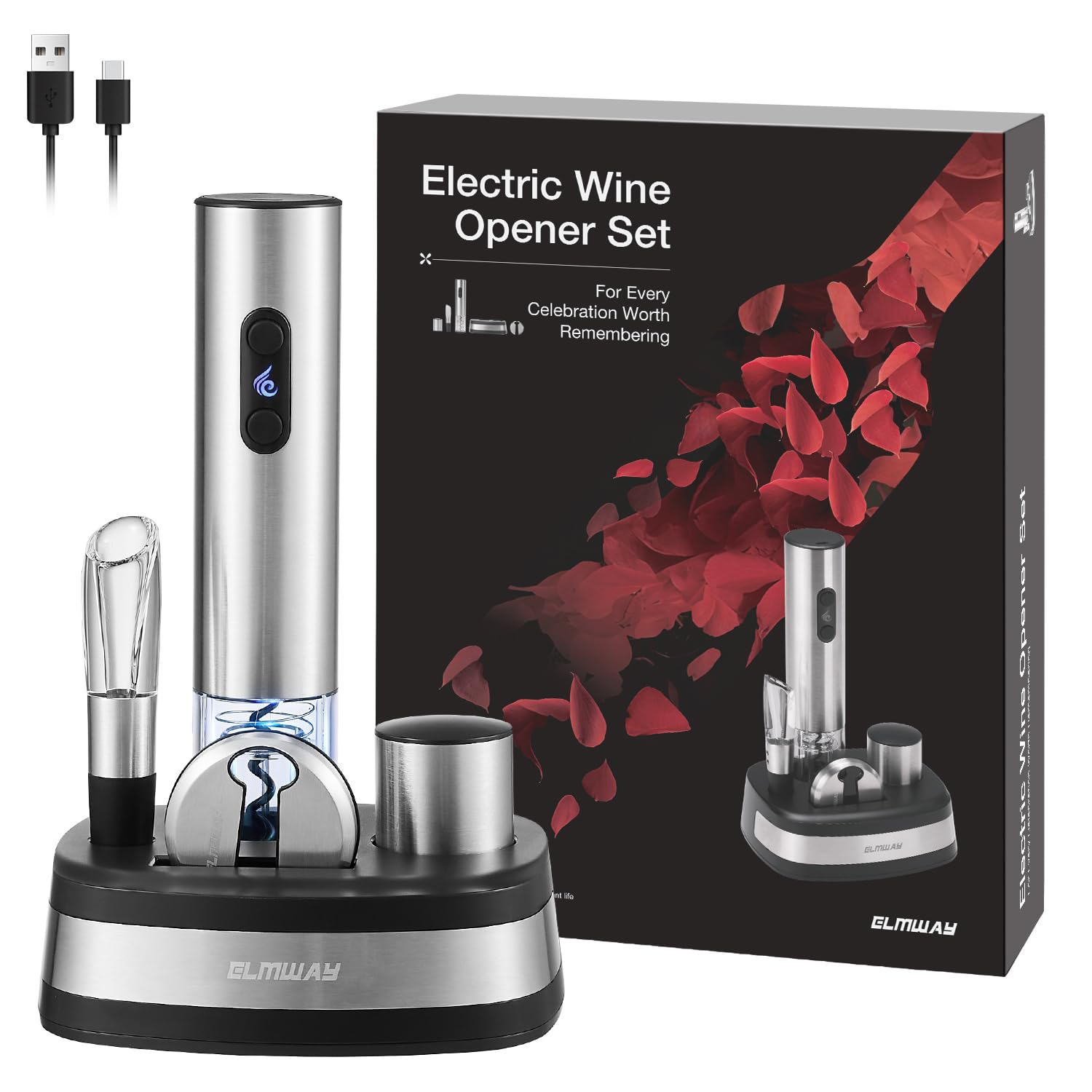ELMWAY VinoLux Rechargeable Electric Wine Opener Set – Electric Corkscrew with Dual LED Lights, Fast Cork Removal, Premium Storage Base, Foil Cutter, Aerator Pourer & Vacuum Stopper – Silver