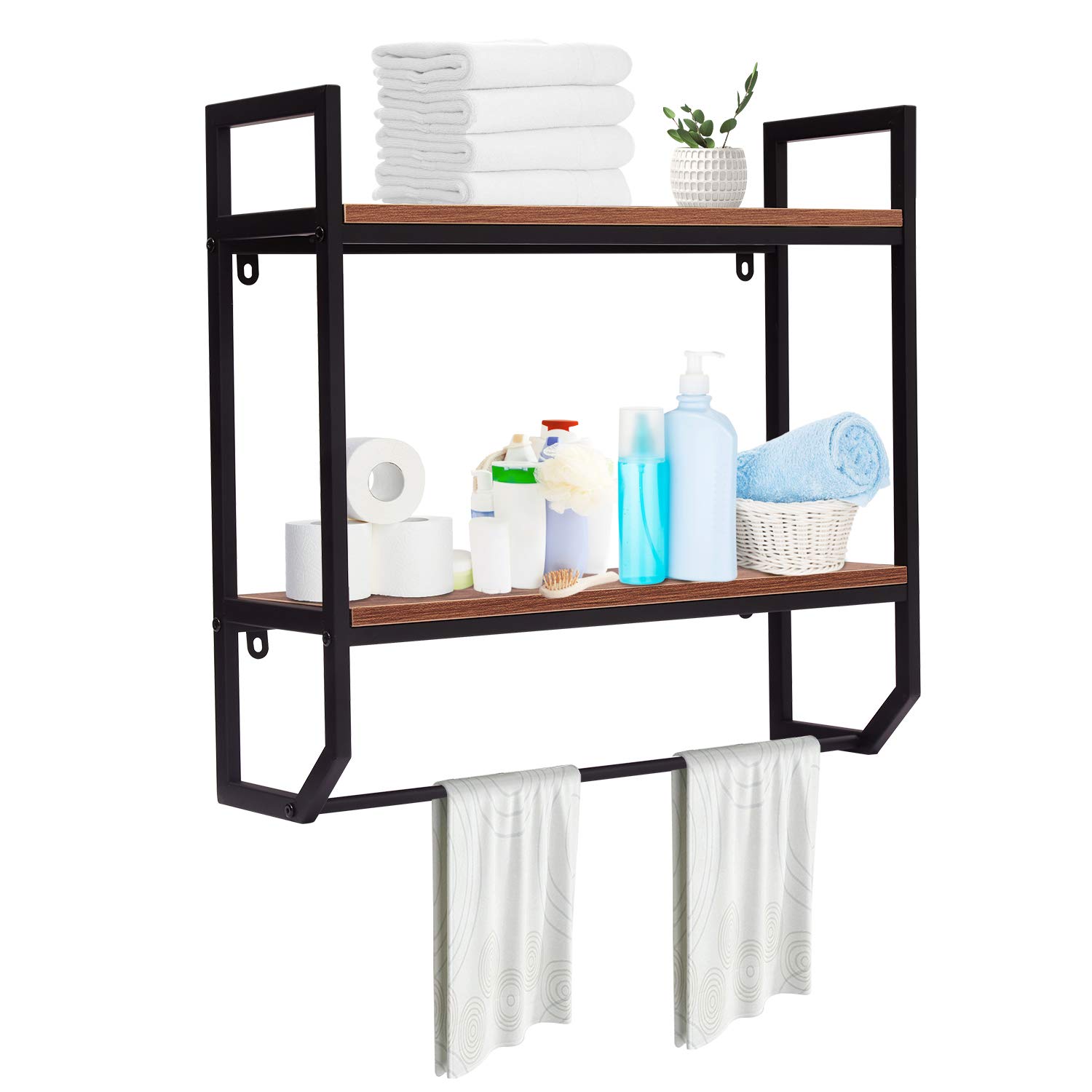 Kinlife Industrial Bathroom Shelves 2-Teir Wall Mounted Hanging Storage Rack with Towel Bar, Rustic 23.6” Floating Shelf Towel Holder