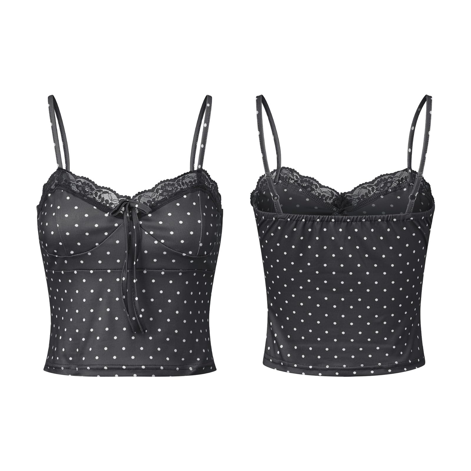 Sexy Outfit Top de Tirantes Y2K con Encaje de Lunares, Cuello en V, Correa de Espagueti, Ajustado, sin Mangas, para Verano, Casual, para Salir