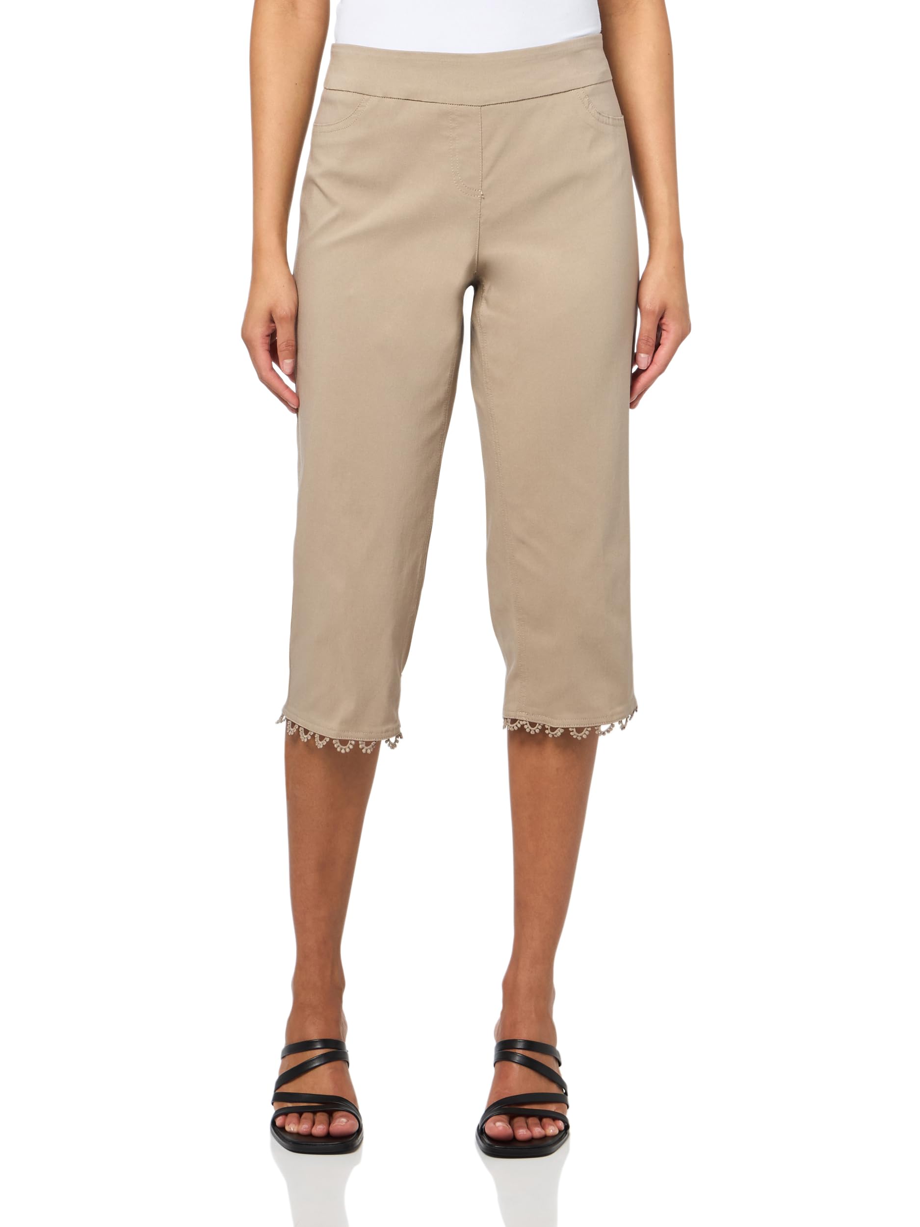 Pull-On Capri Pant with Faux Front Pockets and Lace Edge Hem