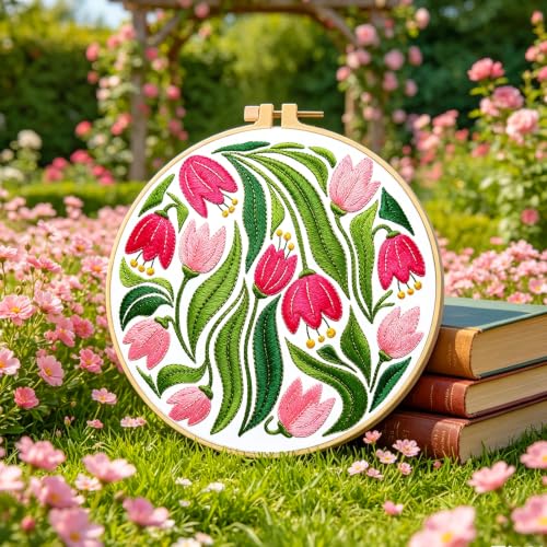 Image of INFUNLY 6Pcs Vintage Floral Embroidery Kit 12 Inch Round Wild Daisy Flower Embroidery Kits with Hoop Floss Needle for Botanical Decor Matisse Art Lovers DIY Gift