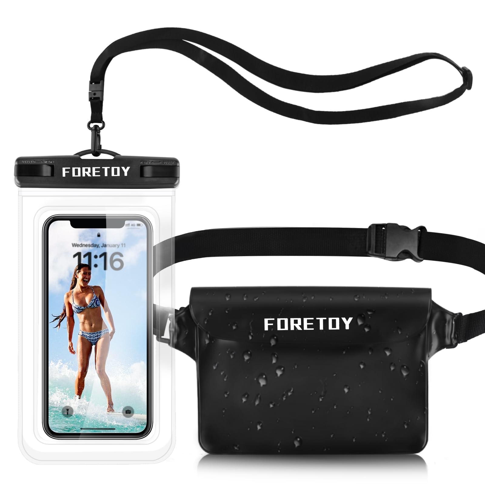 Borsa Impermeabile Mare, Custodia Impermeabile Smartphone, Sacca Stagna, IP68 Marsupio Subacquea Impermeabile per Spiaggia Nuoto, Canottaggio, Pesca, Escursioni (Custodia trasparente e astuccio nero)