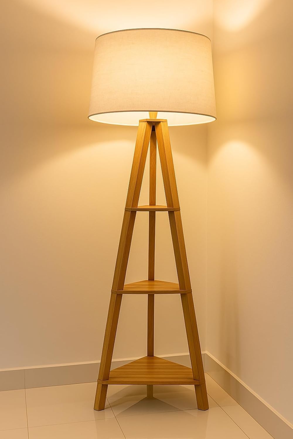 Wooden Tripod Floor Lamp with 3-Tier Shelves, White Drum Shade, Space-Saving Corner Standing Lamp for Bedroom and Living Area-picture-15