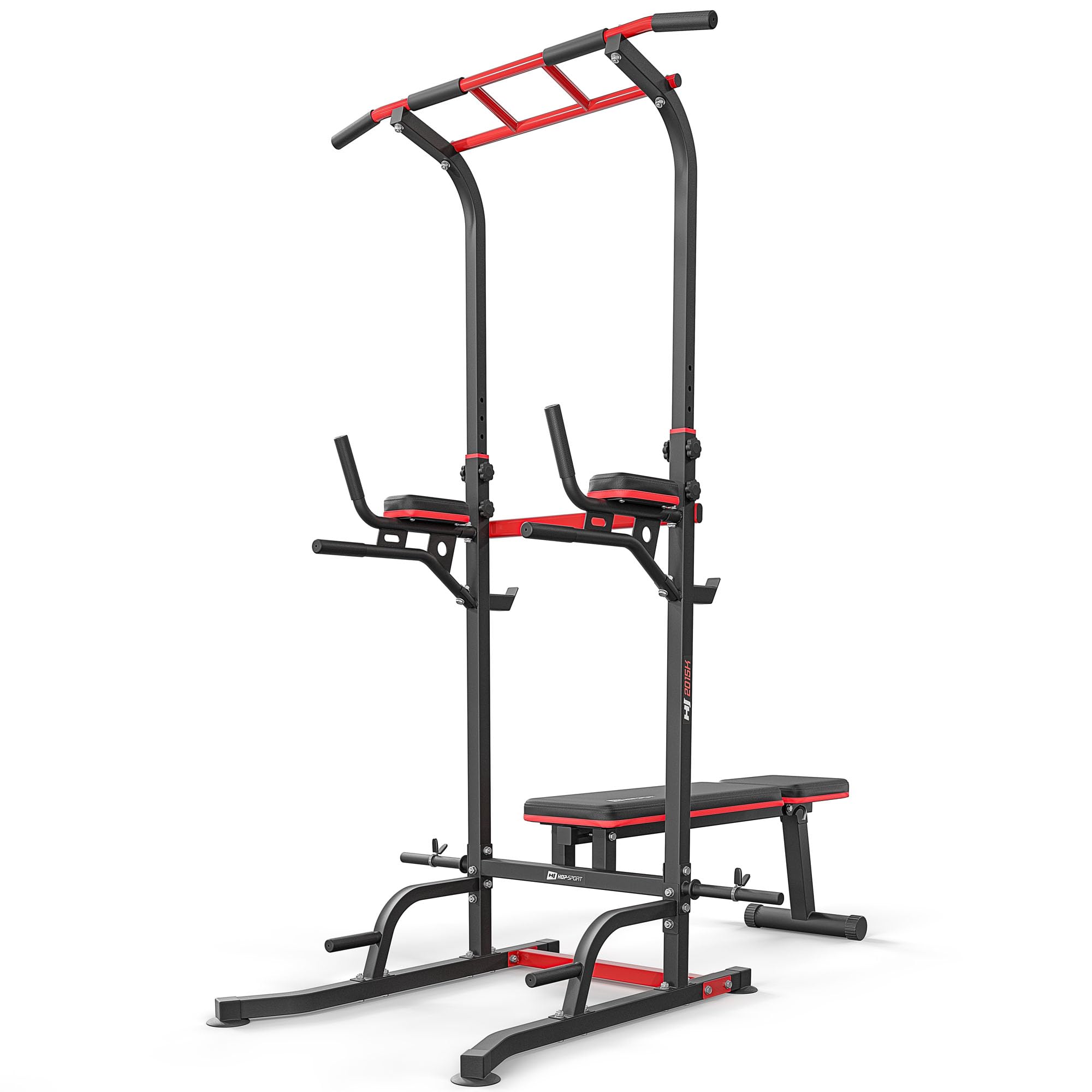 Hop-Sport Power Tower mit Klimmzugstange, Hantelbank & Dip-Station – Fitnessgerät für Zuhause, freistehend, 150 kg Belastbarkeit