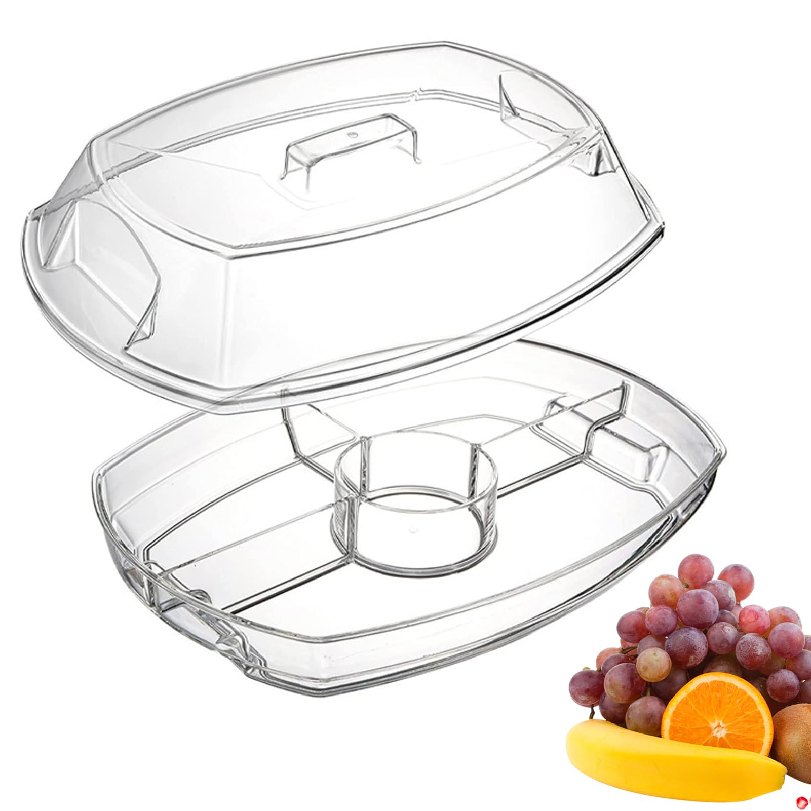 Vassoi da portata freddi per feste, contenitore per ghiaccio con 4 scomparti e coperchio, vassoio riutilizzabile per verdure, per feste, picnic, frigorifero, snack, dessert, frutta, verdura, insalata