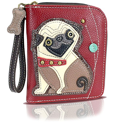 Chala Zip Around Wallet, Wristlet, 8 Credit Card Slots, Sturdy Pu Leather - Pug - Burgundy, 5"W x 0.5"D x 5.5"H
