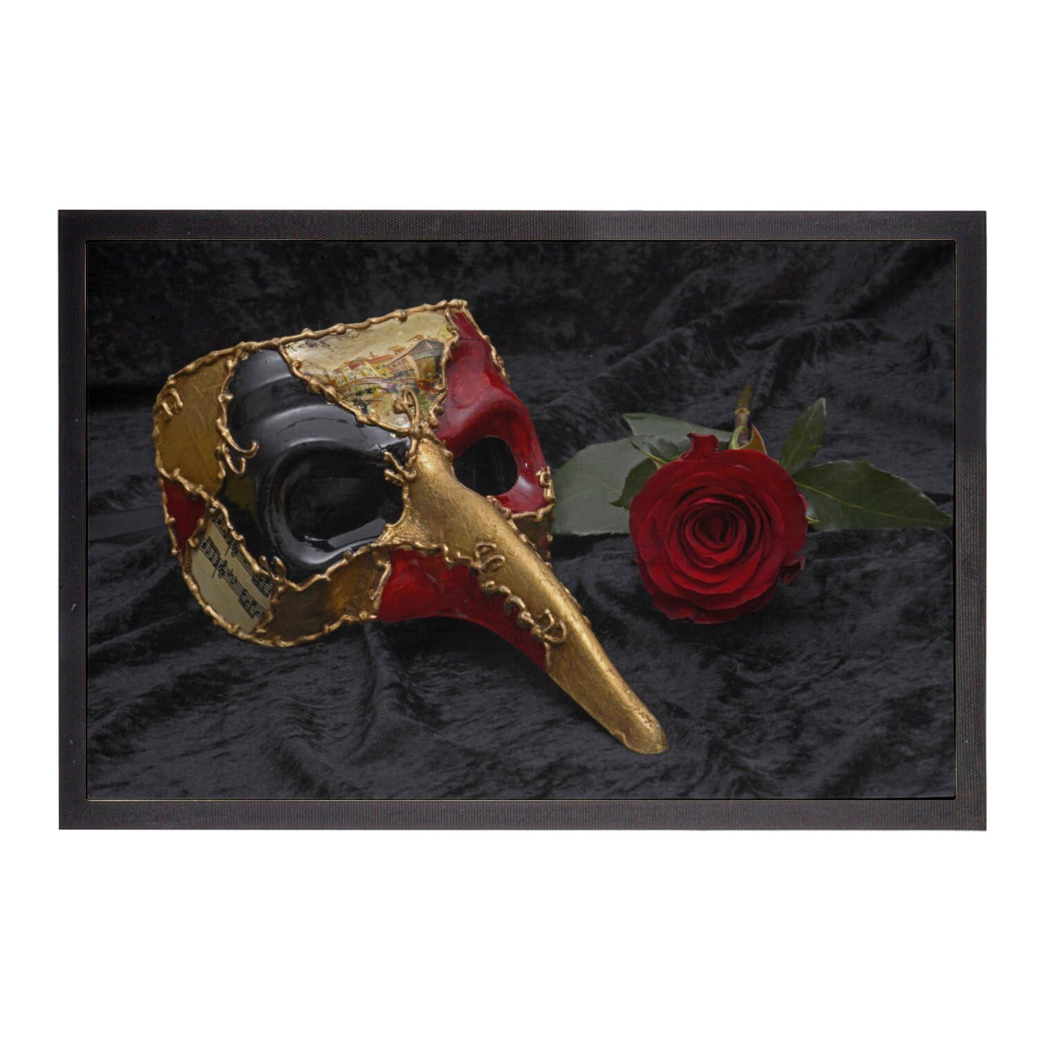Paillasson Carnaval de Venise Masque Rouge Noir Or Coviello Arlequin 60x40cm