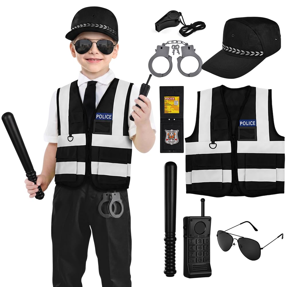 Aomig Kids Police Costumes 8 Pcs Police Officer Dress Up with Accessories Children Police Officer Costume Policeman Outfit Cospaly Cop Costume for Boys Girls World Book Day Halloween Birthdays(Black) — image 1