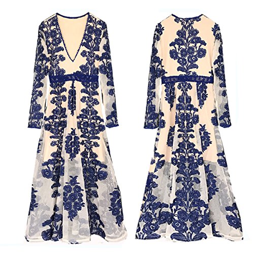 R.Vivimos Women's Long Sleeve V Neck Floral Embroidered Elegant A-Line Maxi Dress Small Blue