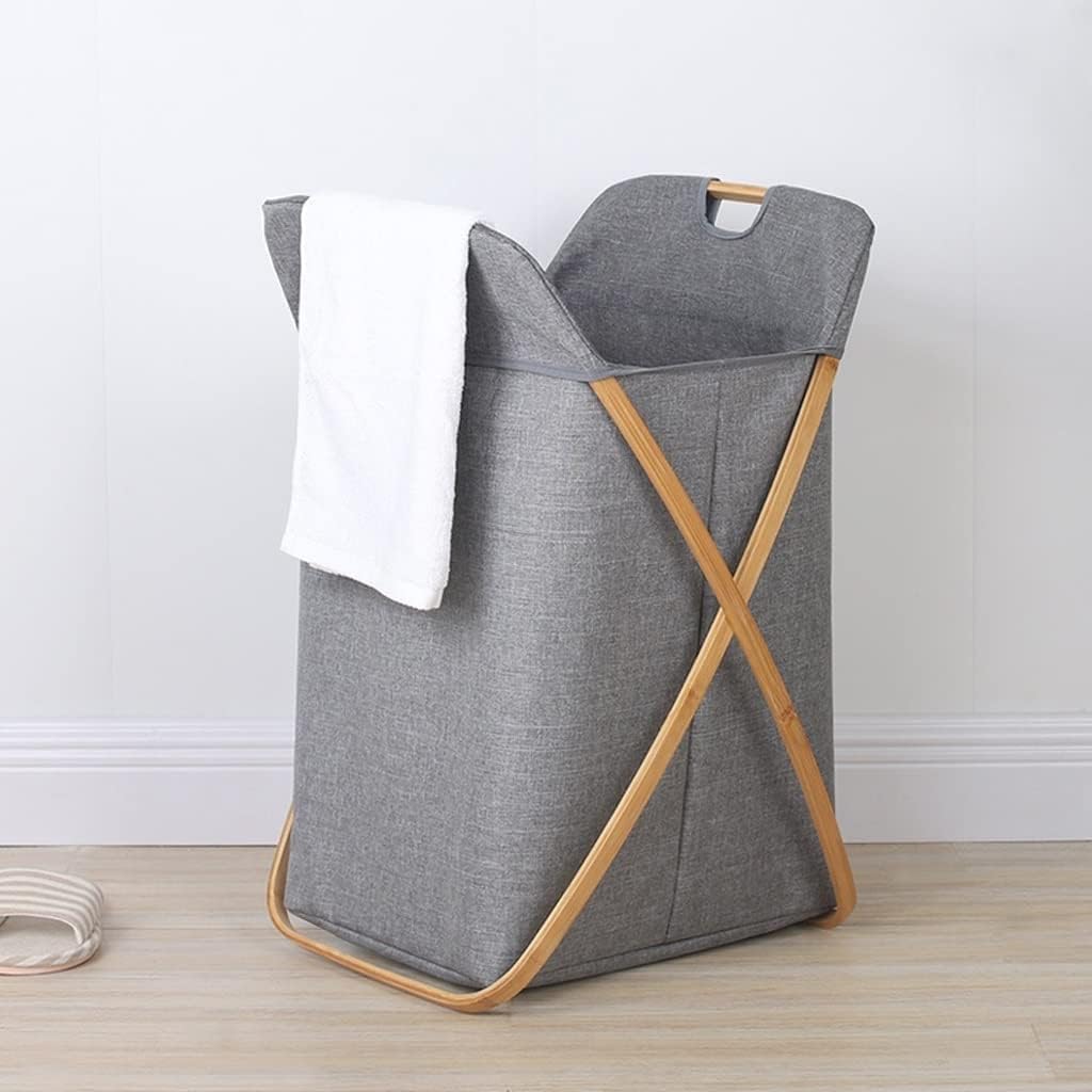 Cesto para la Colada Plegable con 2 Asas y Tapa, Cesta para la Colada de Tela de Nailon para Ropa Sucia, Mantas, Almacenamiento de Juguetes, Marco Tipo X de Madera de bambú, Gris