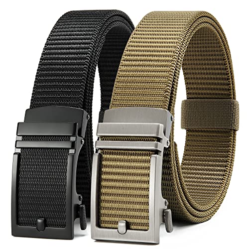 Image of CHAOREN Black and Brown Ratchet Belts for Men 2 Pack - Casual Web Nylon Mens Belt 1 3 /8 inch - Durable Belts in Gift Set Box, Brown