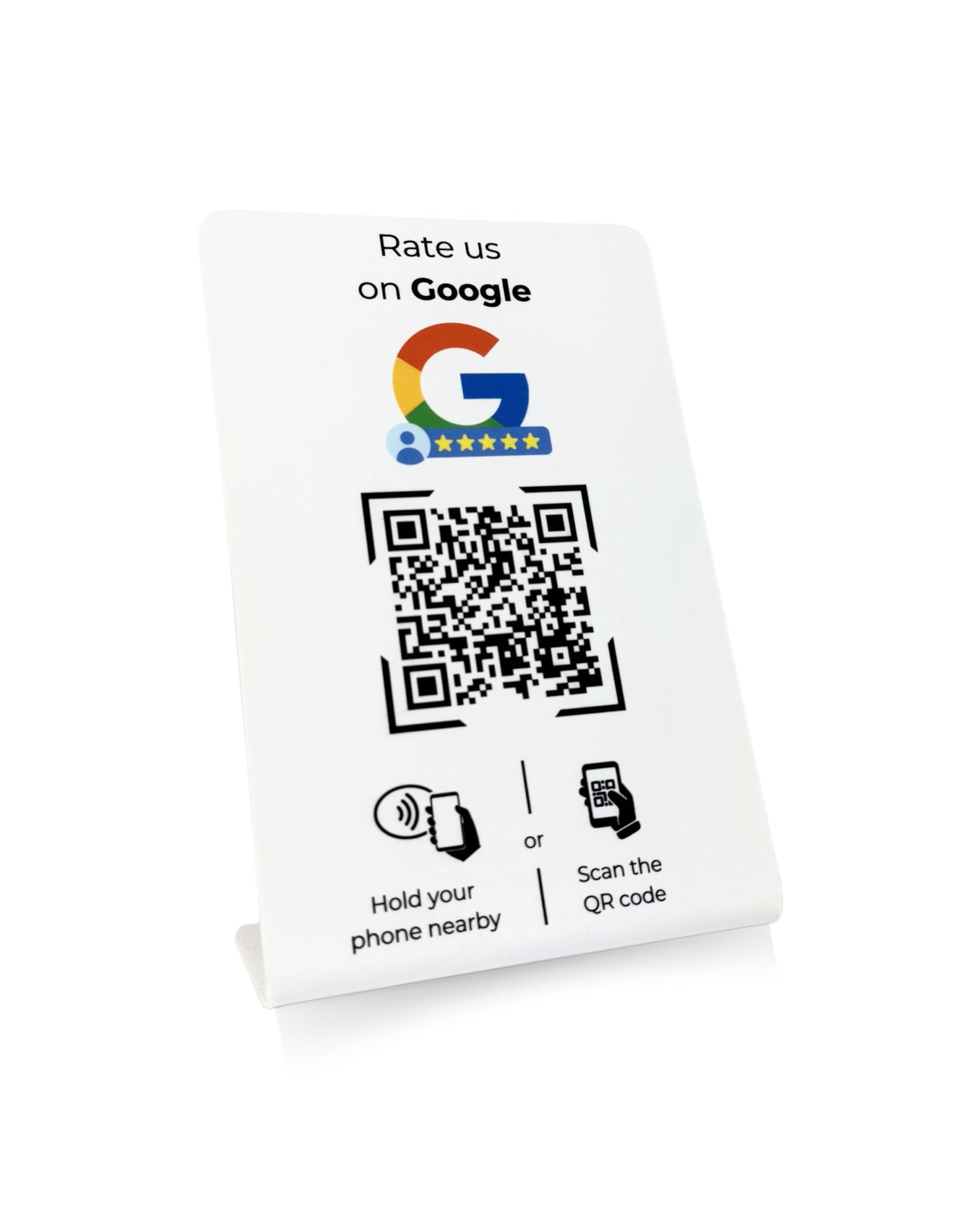 Espositore per Google Recensioni con codice QR e chip NFC (16,5 x 10,5 cm) (Bianco)
