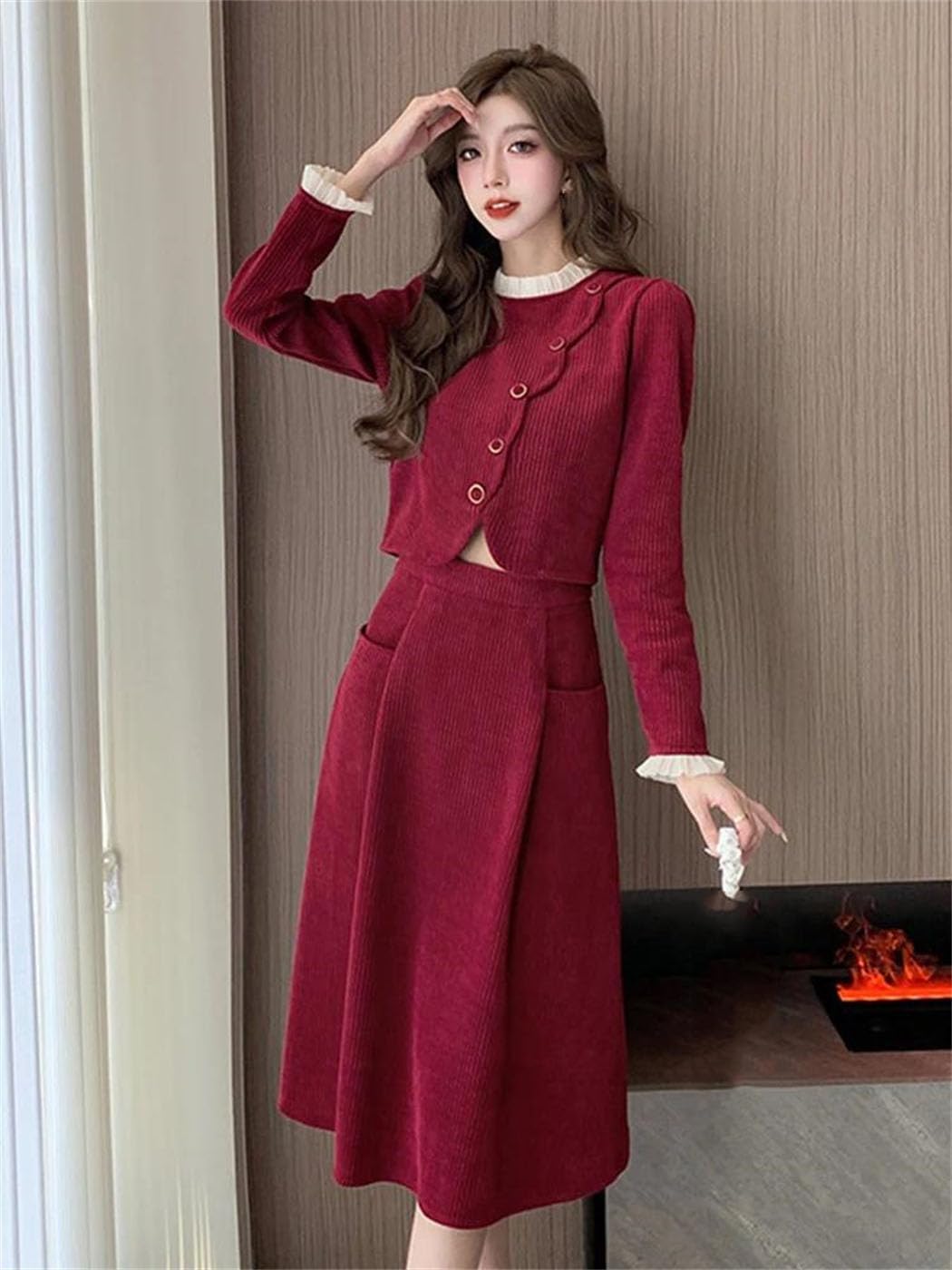 Women's Fashion Corduroy Skirt 2 Pieces Outfit Solid Long Sleeve Cropped Jacket Midi A-Line Skirt Sets
