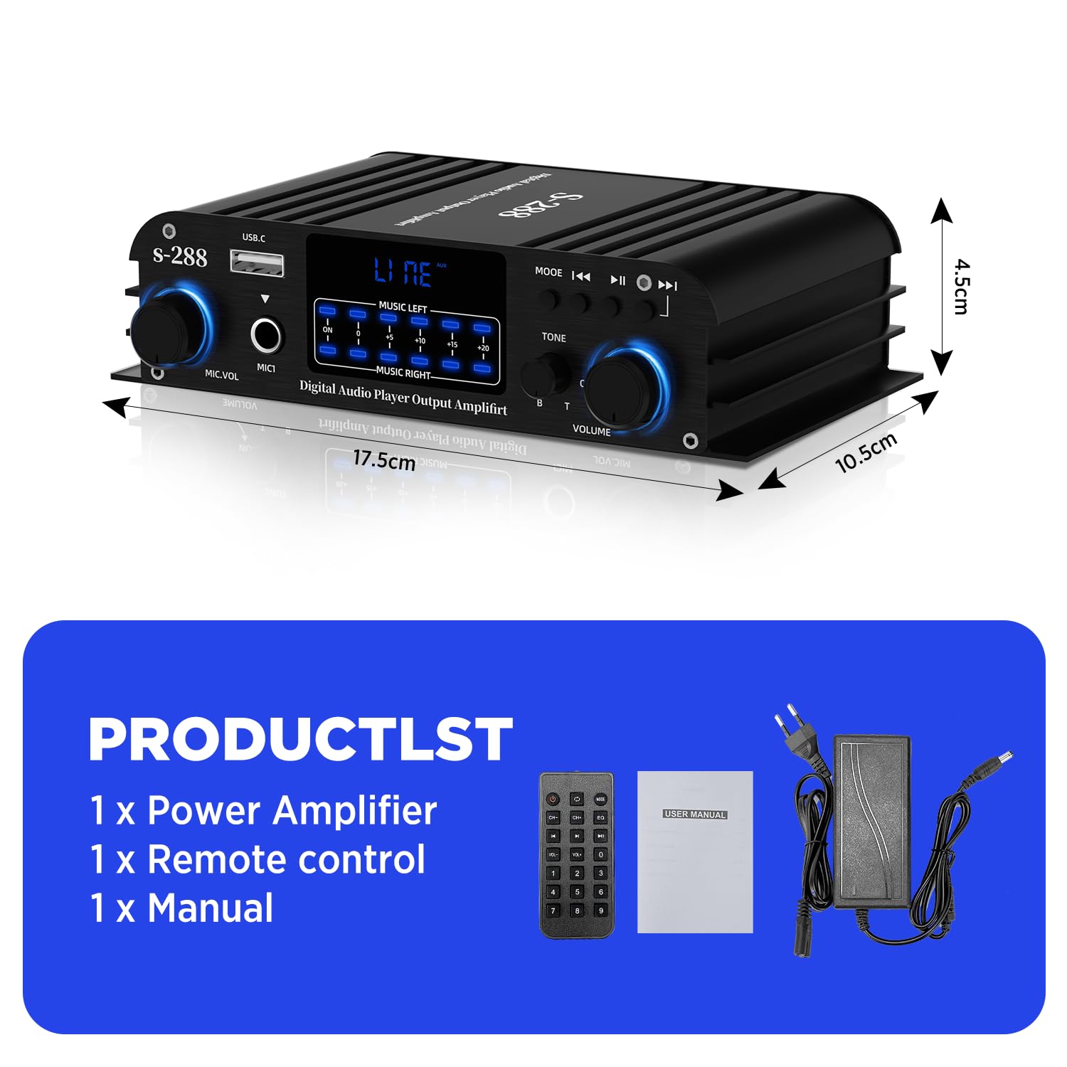 4 Canales Amplificador, 1200W Audio Estéreo Amplificador, Bluetooth 5.0 Mini Hi-Fi Digital Amperio Integrado para los Altavoces del hogar 35W x4, SD/FM/Micrófono