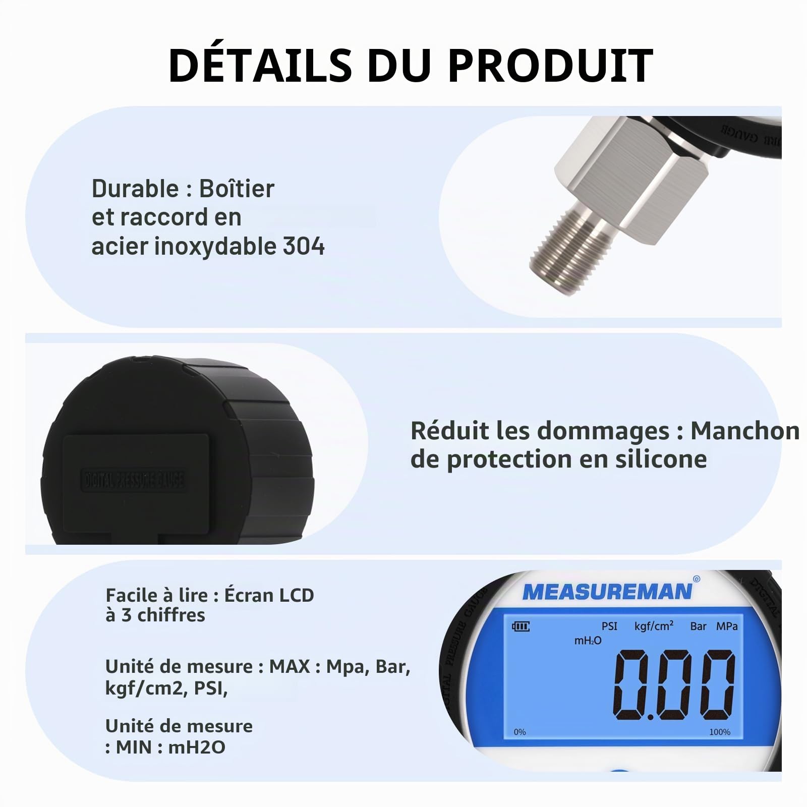 Manomètre hydraulique industriel numérique, cadran 80 mm, raccord inférieur G1/4", boîtier et raccord en acier inoxydable, 0-700 bar, précision 0,4%, alimenté par batterie, avec éclairage LED