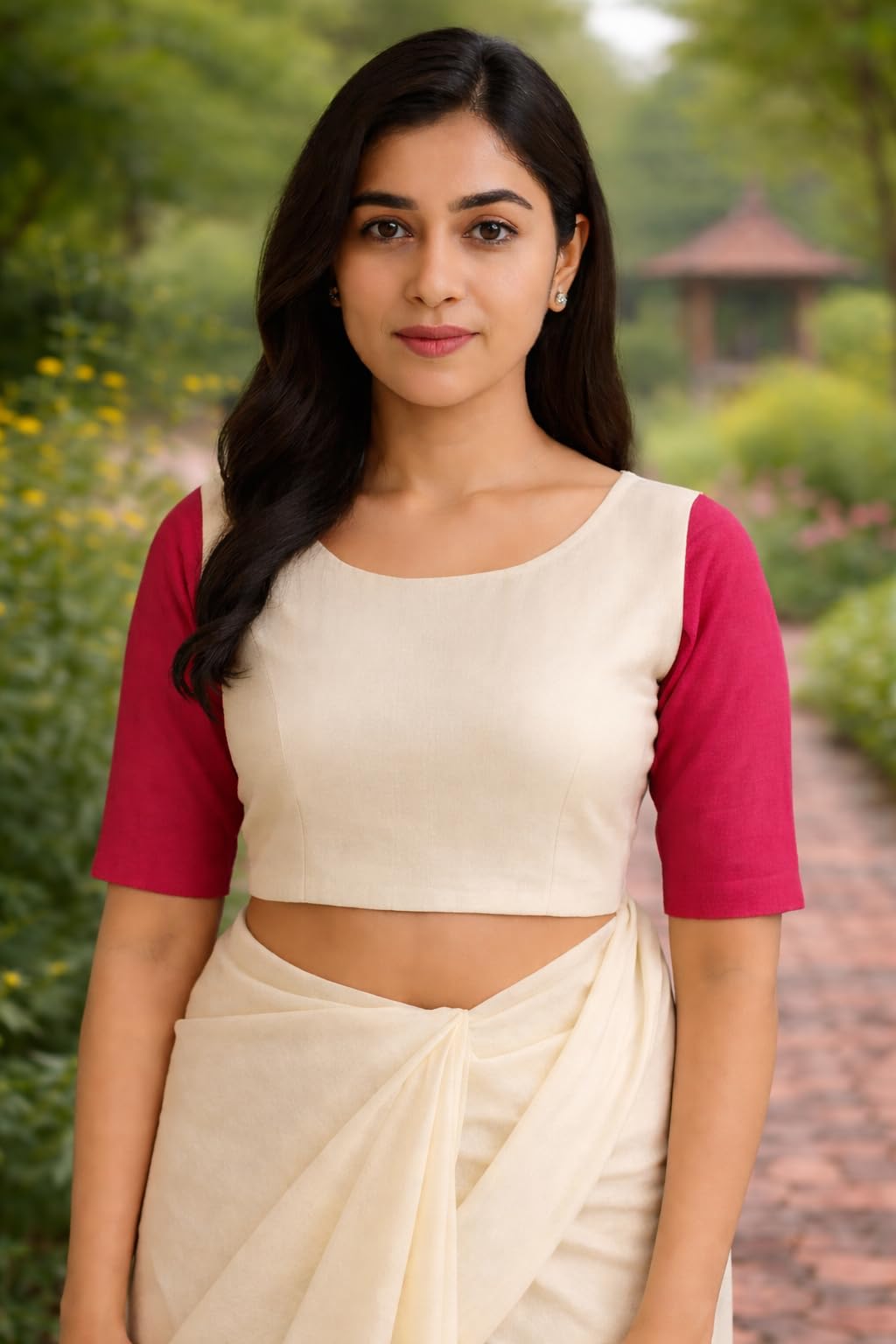 Pal Handicraft Hand-Painted Saree Blouse with Lotus Design, White and Pink, Silk-image-13