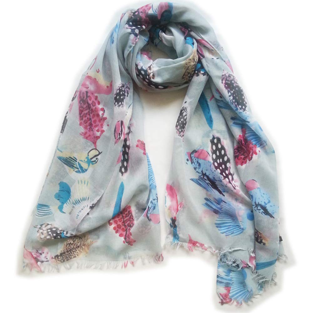 GlamLondon Bird Print Scarf Ladies Lightweight Fashion Oversize Wrap (Z-Feather-Blu)