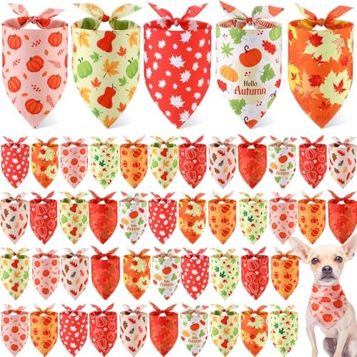 Weewooday 50 Pcs Thanksgiving Fall Dog Bandanas Bulk for Dogs Autumn Soft Bibs Adjustable Triangle Pet Bandana for Small Medium Large Costume(Leaves Pattern, 25.6 x 17.7 x 17.7 Inch)