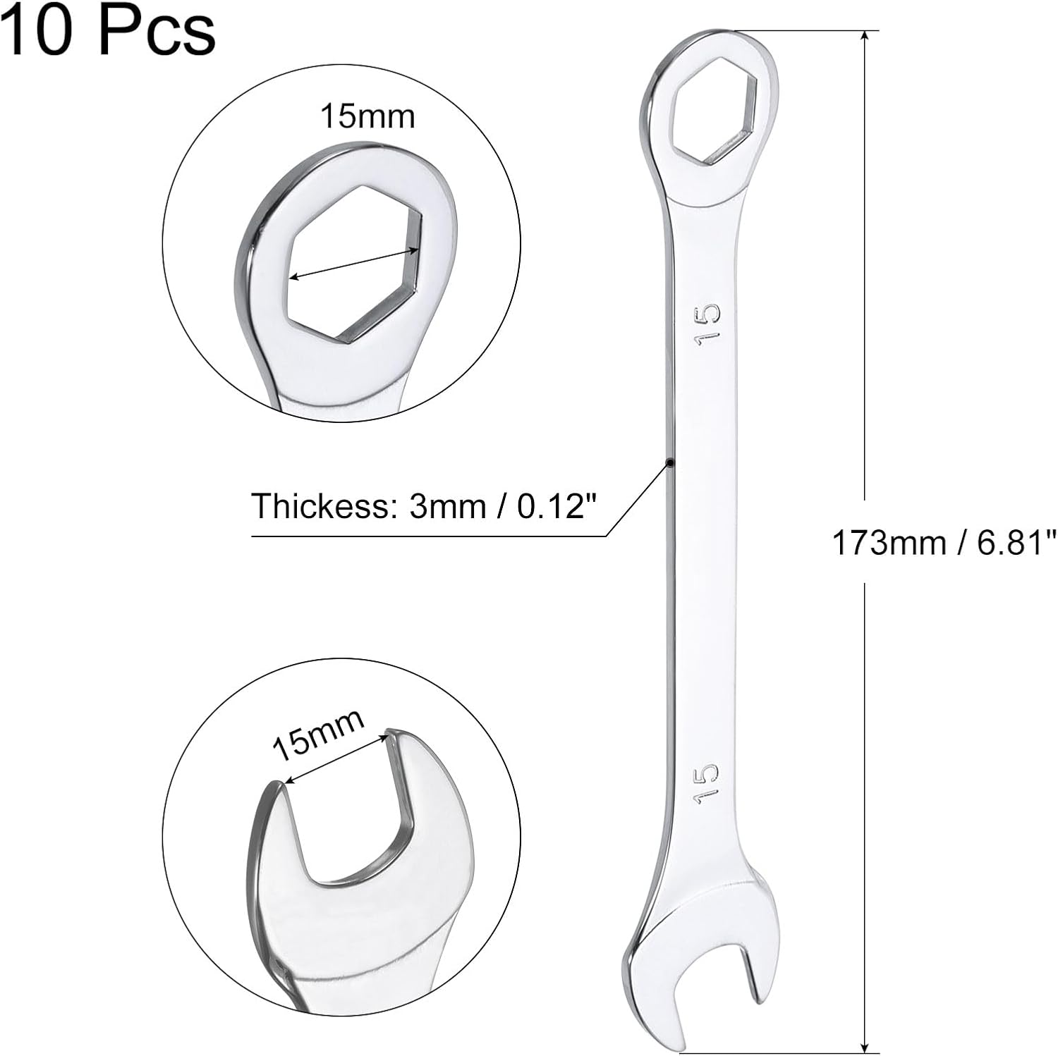 uxcell 10pcs 15mm Thin Combination Wrench with Offset 6-Point End and 15° Angled Open End Multi-function Metric Mirror-Chrome Plated High Carbon Steel Spanners for Maintenance and Repairs