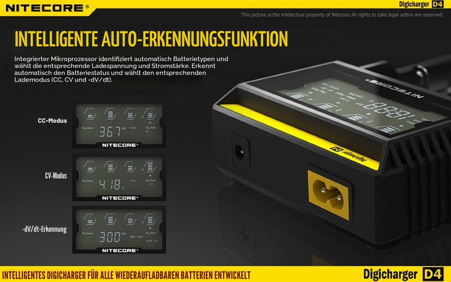 NiteCore Digicharger D4 universalladegrät für Li-Ion/IMR/LiFePO4/NiMH/Ni-Cd Akku (LCD-Display, Output Current: 4X 375mA)