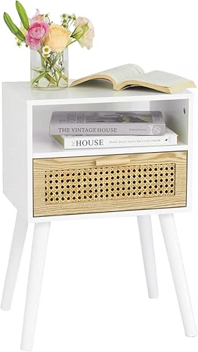 Miniatura 4 de MaxSmeo Mesita de noche blanca con cajón, mesita de noche moderna de mediados de siglo, mesa auxiliar de ratán, mesa auxiliar con almacenamiento