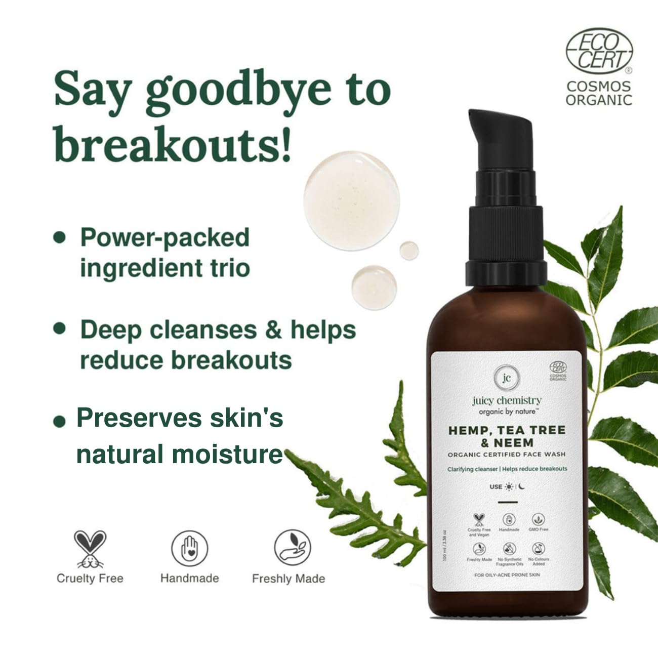 Juicy Chemistry Hemp, Tea Tree & Neem Face Cleanser, Face Wash For Acne & Blackheads, Certified Organic, Vegan, Cruelty Free, Face Wash For Women & Men (100 Milliliters Clear)