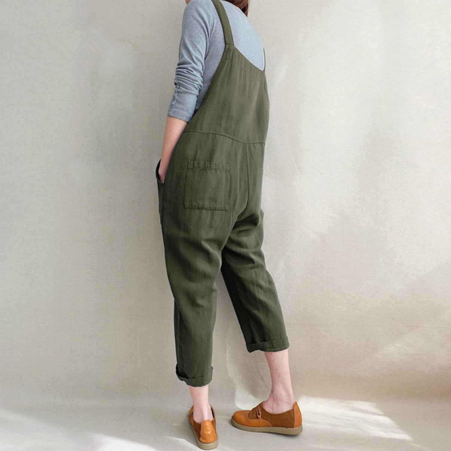 Aedvoouer Women's Linen Overalls Casual Jumpsuits Wide Leg Rompers Baggy Bib Summer Outfits with Pockets - Image 3